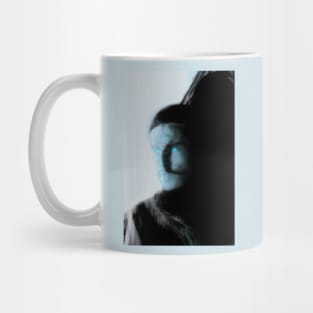 Portrait, digital collage, special processing. Bright side, survival guy. Man between light and darkness. Light blue. Mug